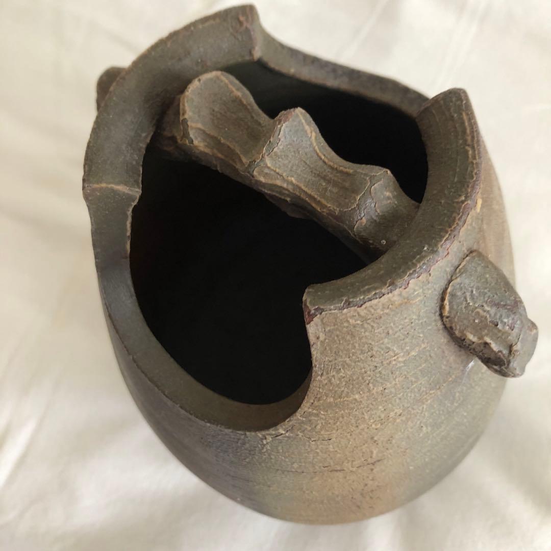 備前焼　花器　桟切　手桶型　刻印あり　一点物　工芸品