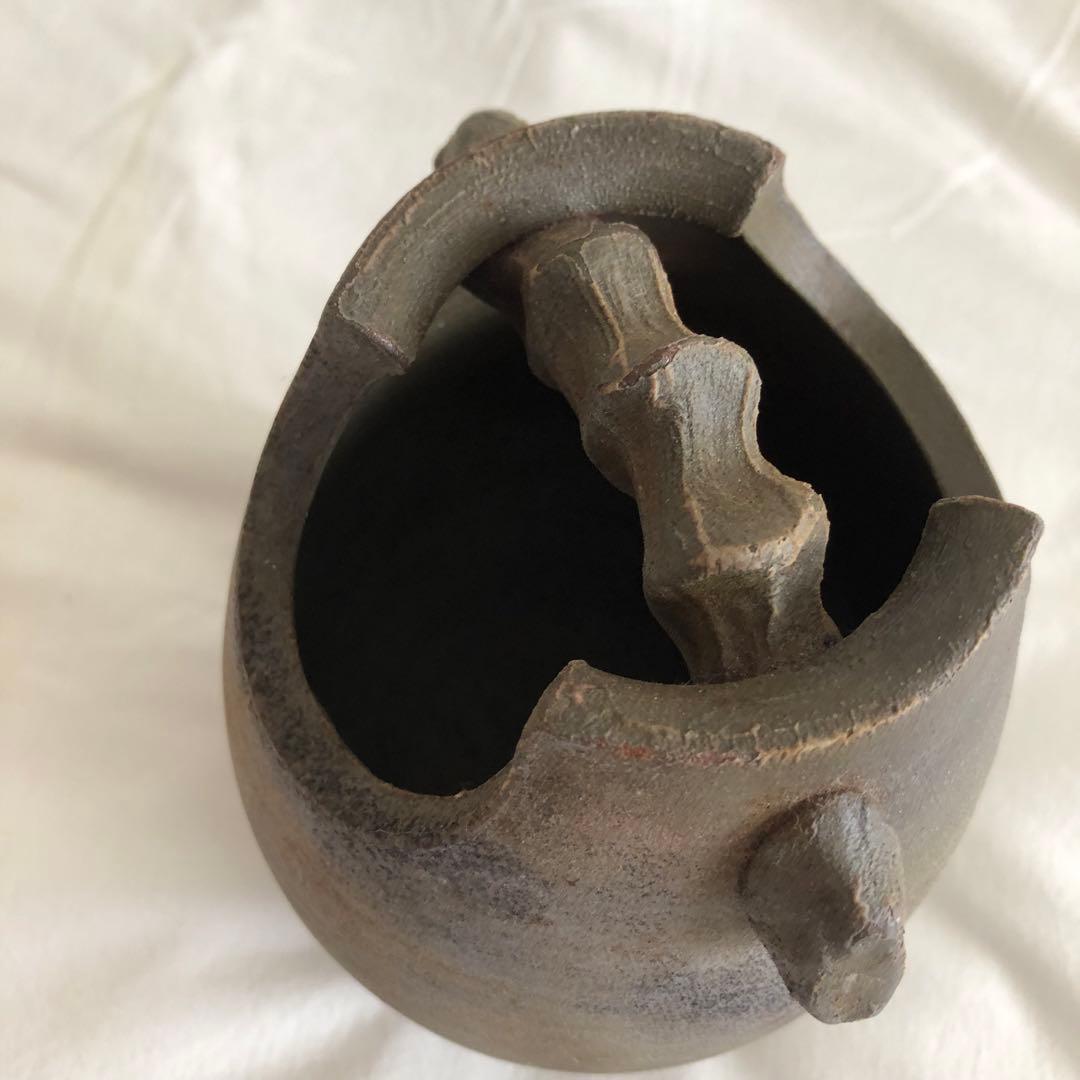 備前焼　花器　桟切　手桶型　刻印あり　一点物　工芸品