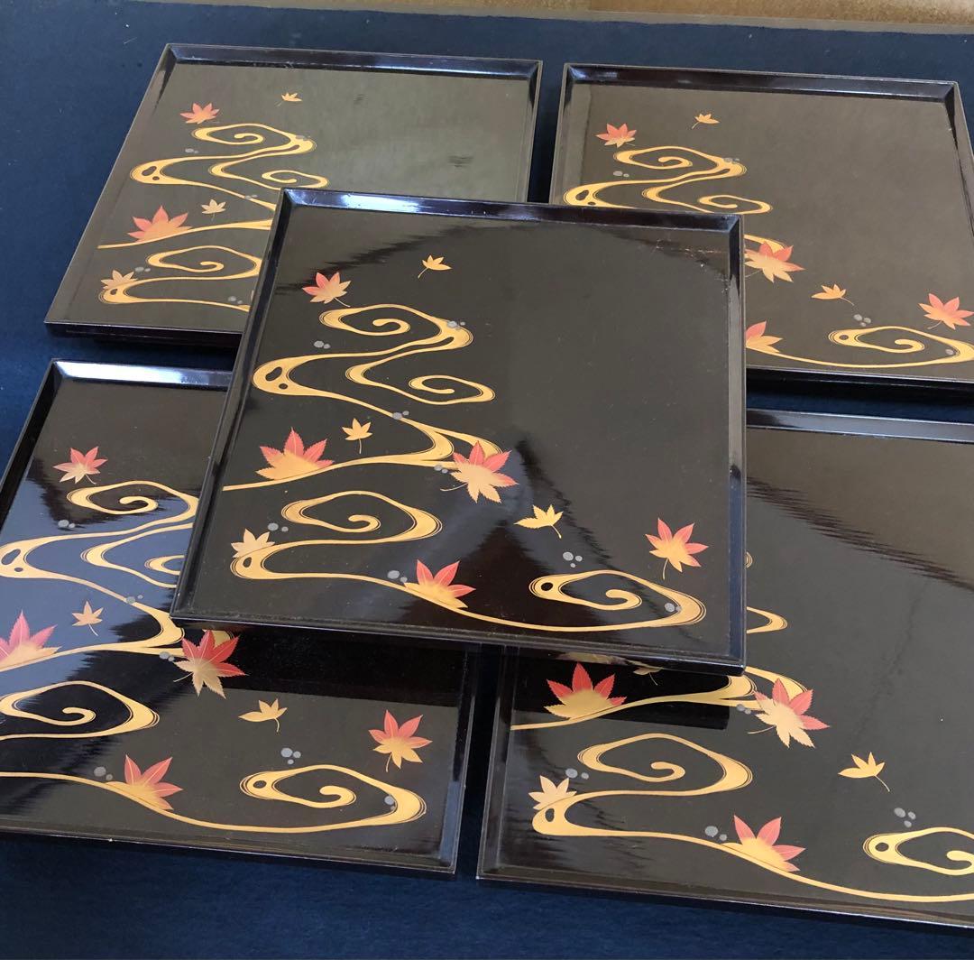 ‼️割引 黒塗 流水紅葉蒔絵 脚付膳 四方膳10客 木製漆器 木箱250725F1