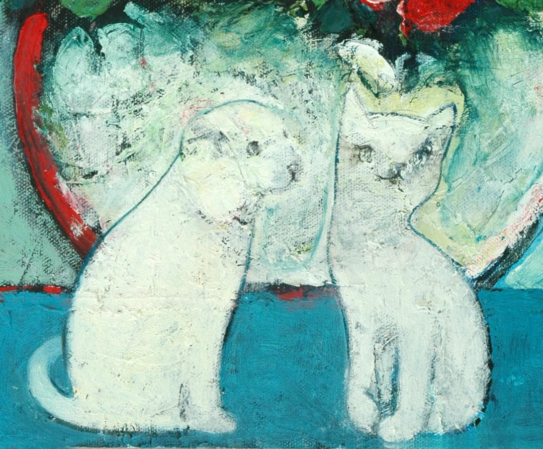 油絵 菅家令子 絵 絵画インテリア額付(白) uF6-070619 子猫と子犬