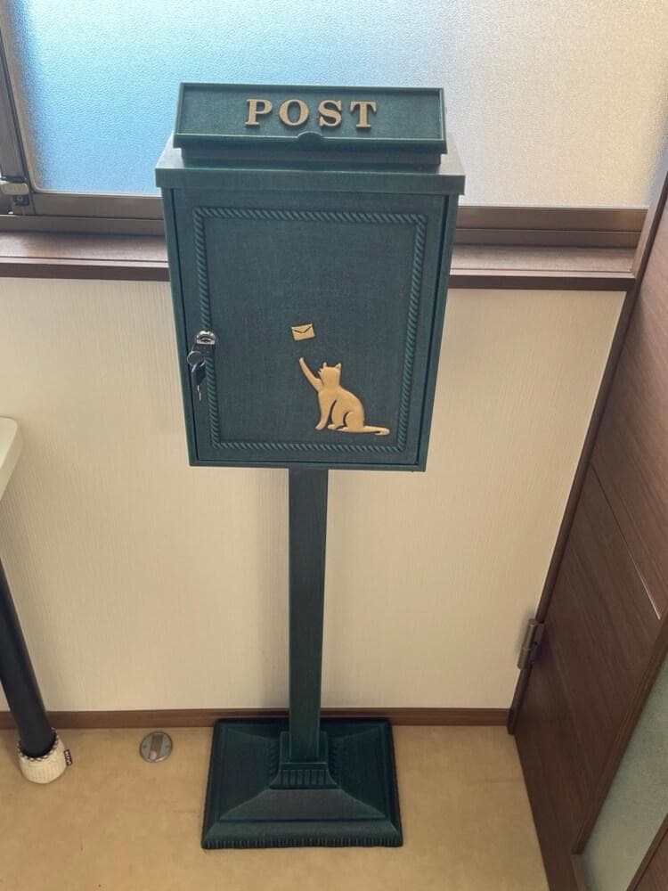 郵便ポスト スタンドポスト わんニャン アンティーク 猫 グリーン sj05