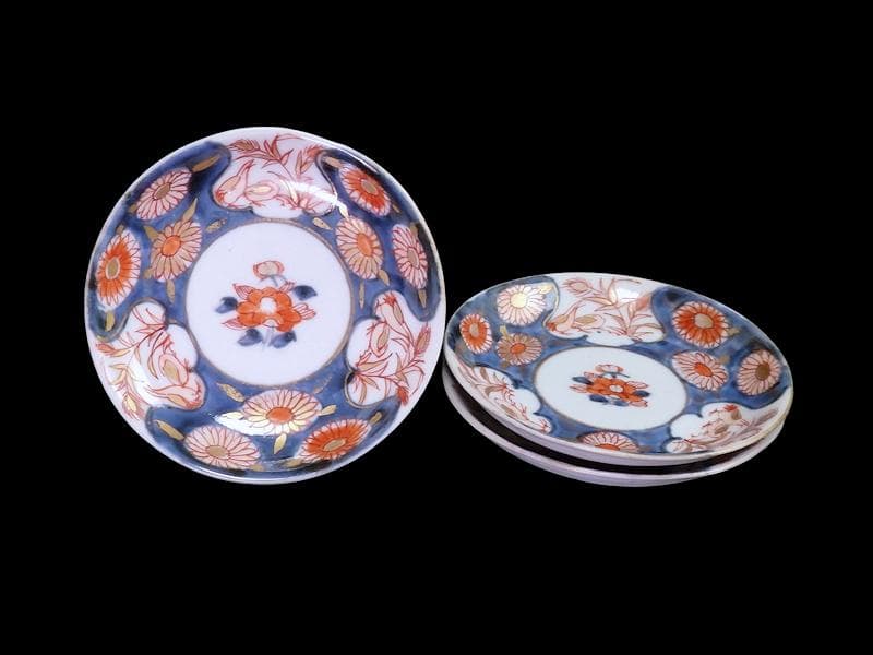 古伊万里　染錦　鶉に菊の図　４寸皿　３枚　D187A-fbve