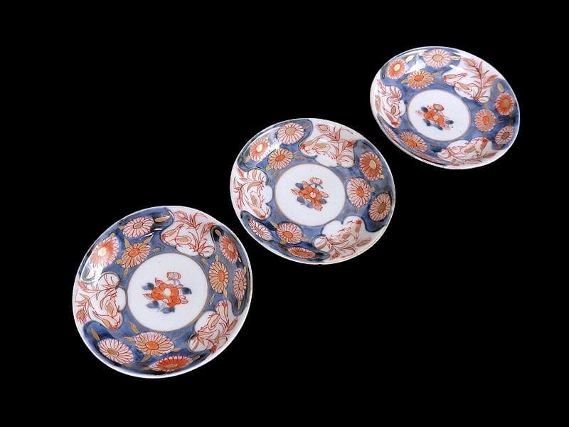 古伊万里　染錦　鶉に菊の図　４寸皿　３枚　D187A-fbve