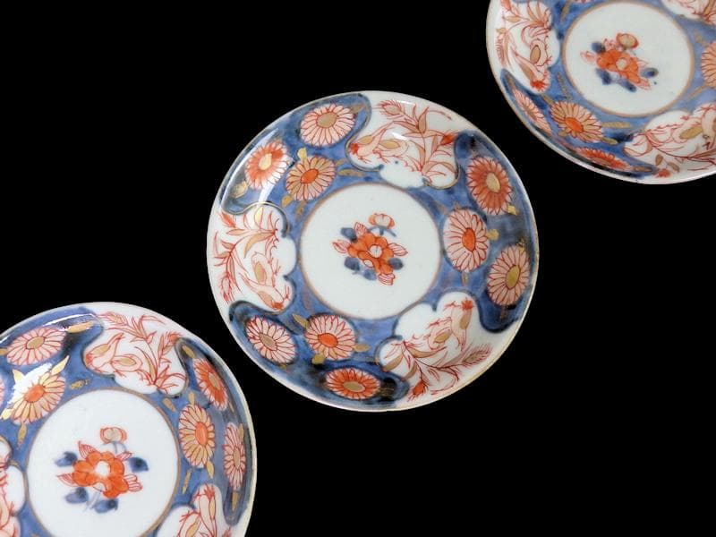 古伊万里　染錦　鶉に菊の図　４寸皿　３枚　D187A-fbve