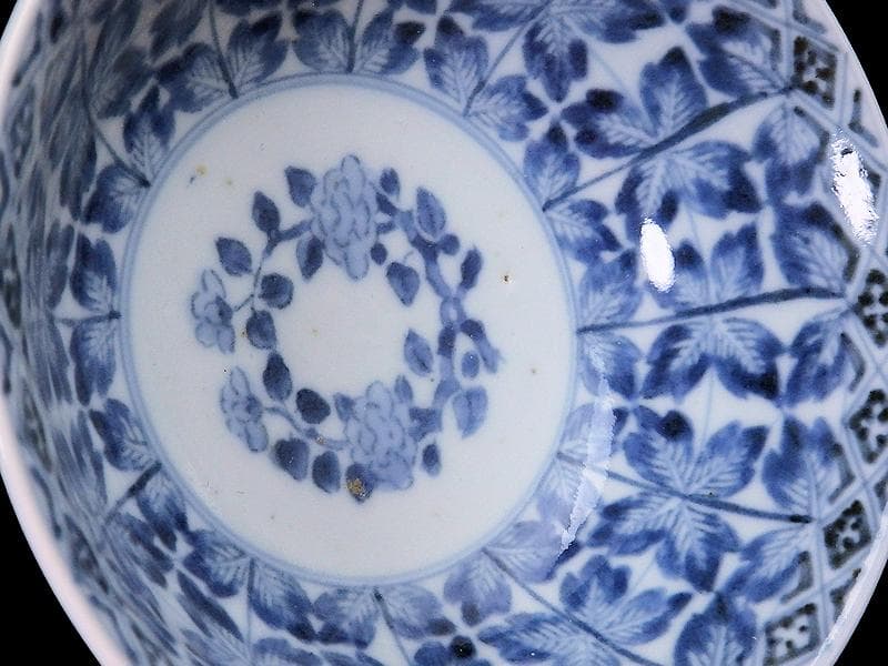 古伊万里　染付　牡丹葉繋ぎ紋　膾皿　春寒鉢　江戸期　C617AS-CVp