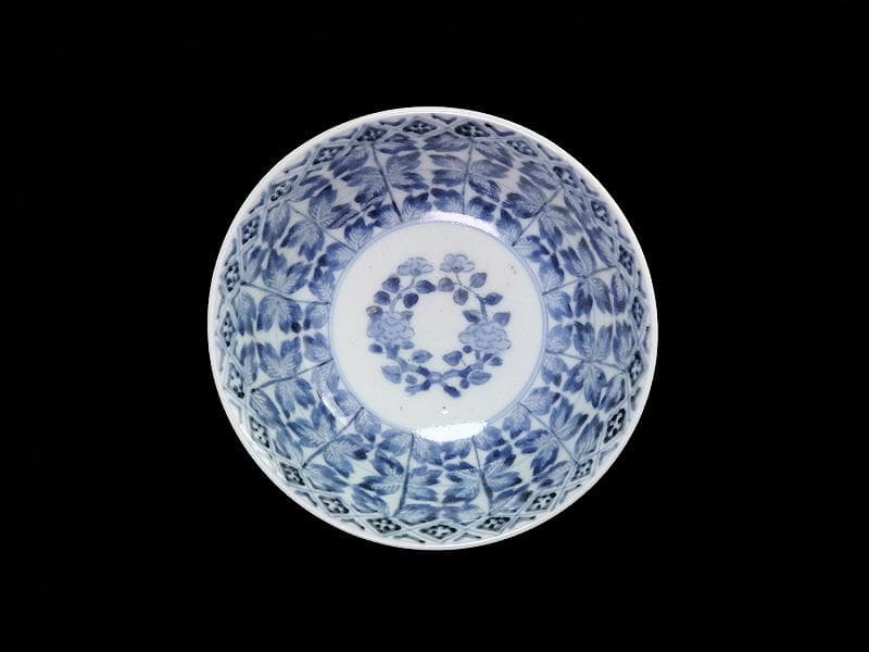 古伊万里　染付　牡丹葉繋ぎ紋　膾皿　春寒鉢　江戸期　C617AS-CVp