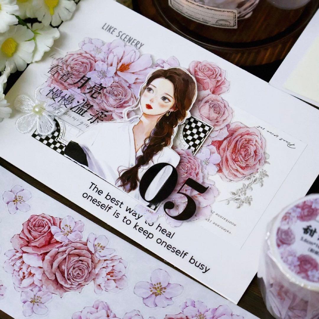 贝壳银 甜玫瑰 ダイカット加工 5.6cm×5m 海外マスキングテープ