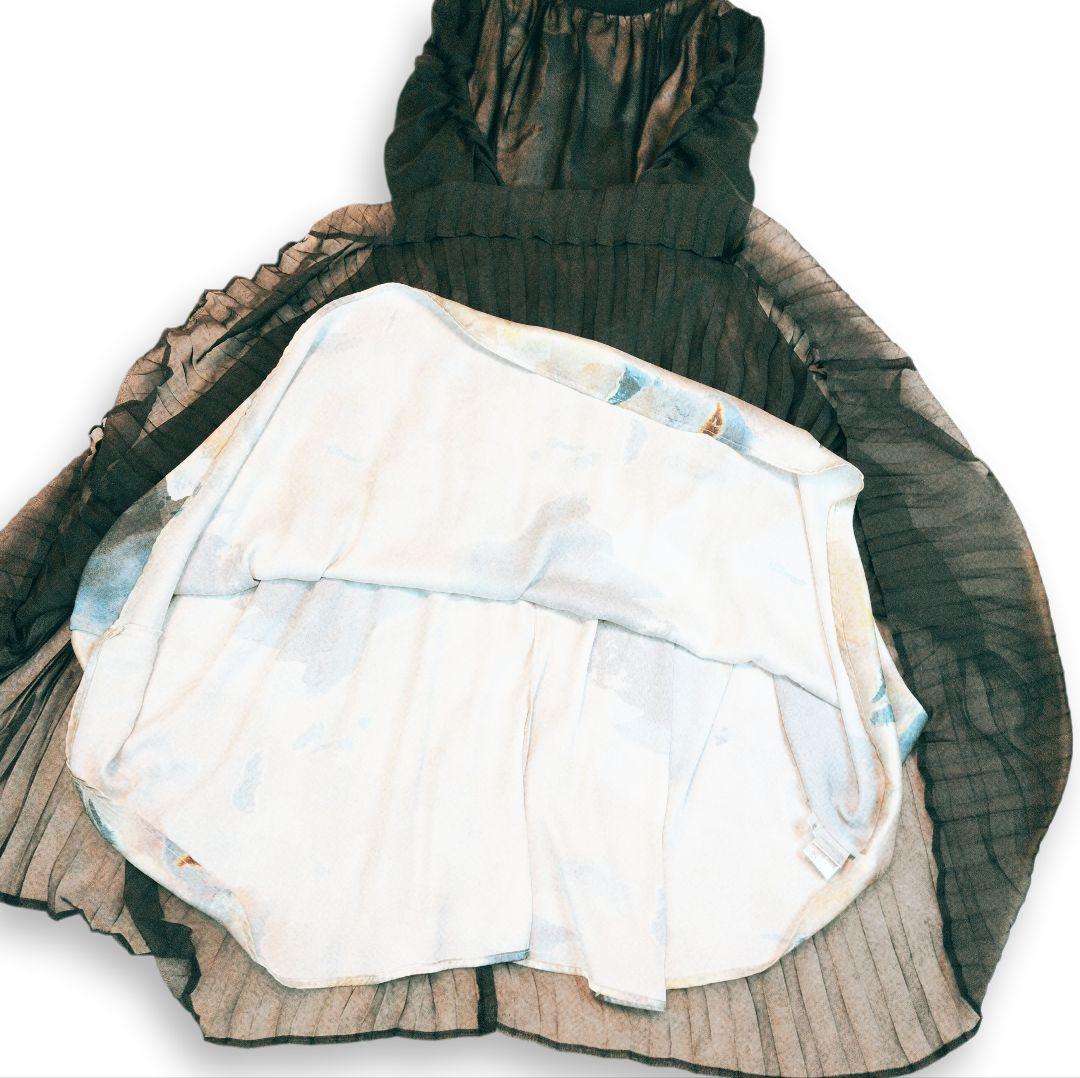 美品☆ カラルス プリント重ねシフォンプリーツデザイン ロング丈 ワンピース