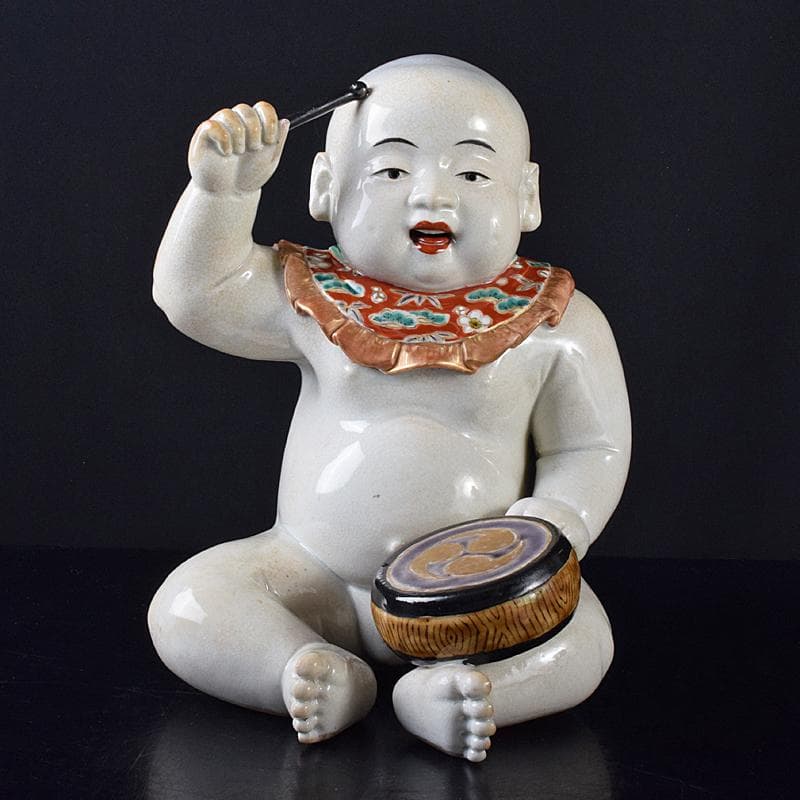 ちゅーちゃん 　古伊万里　陶人形　色絵　太鼓打唐子像　置物　M　R7926