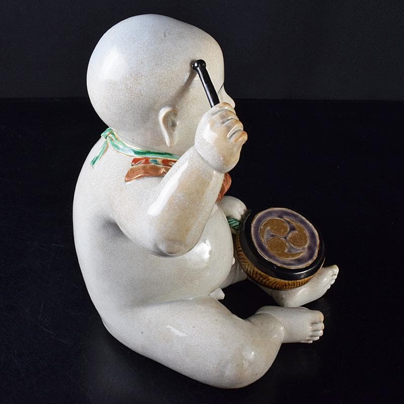 ちゅーちゃん 　古伊万里　陶人形　色絵　太鼓打唐子像　置物　M　R7926