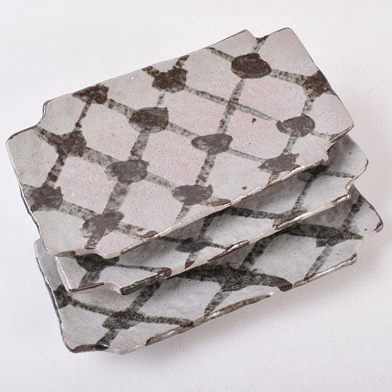 和食器　三郷焼　峯岸良尚作　鉄絵網目文　長角皿　五客　共箱　C R9021