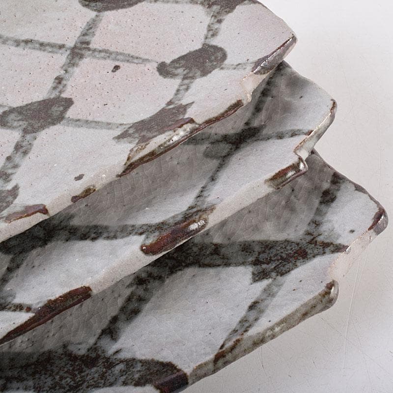 和食器　三郷焼　峯岸良尚作　鉄絵網目文　長角皿　五客　共箱　C R9021