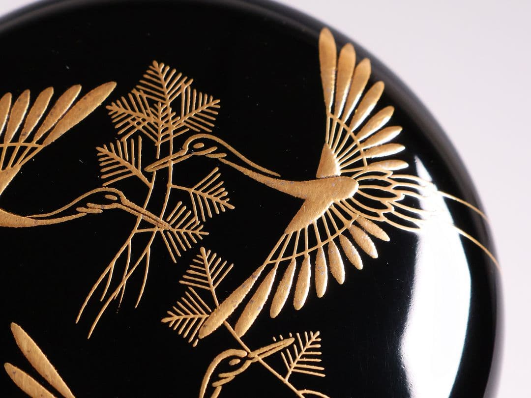 茶道具 新井司平「松喰鶴蒔絵」大棗 尋牛斎・書付 金蒔絵 木製【MA869】