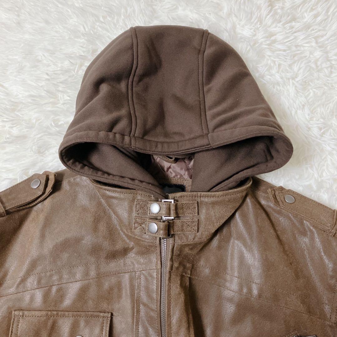 【希少】FLAVOR☆フード付 レザー ボマージャケット ライダース 茶色 XL