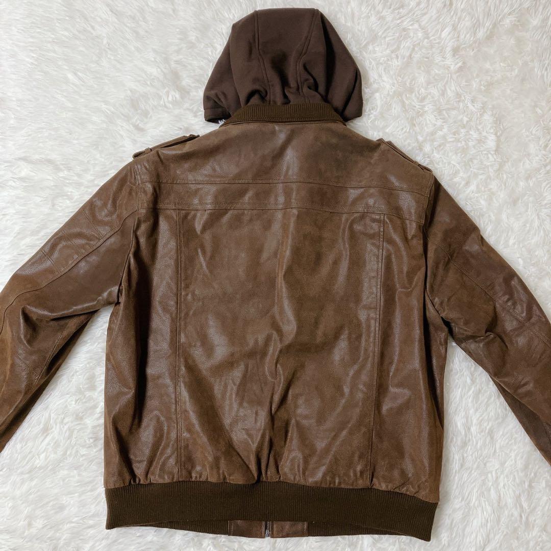 【希少】FLAVOR☆フード付 レザー ボマージャケット ライダース 茶色 XL