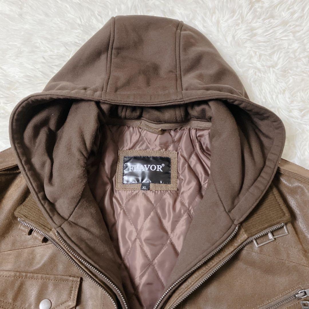 【希少】FLAVOR☆フード付 レザー ボマージャケット ライダース 茶色 XL