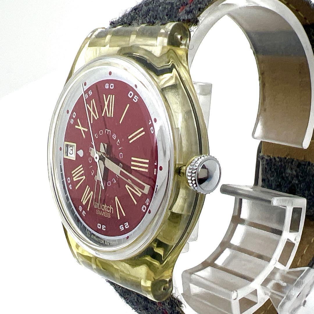 【希少】スウォッチ 自動巻き 23石 裏スケルトン 赤文字盤 腕時計 デイト