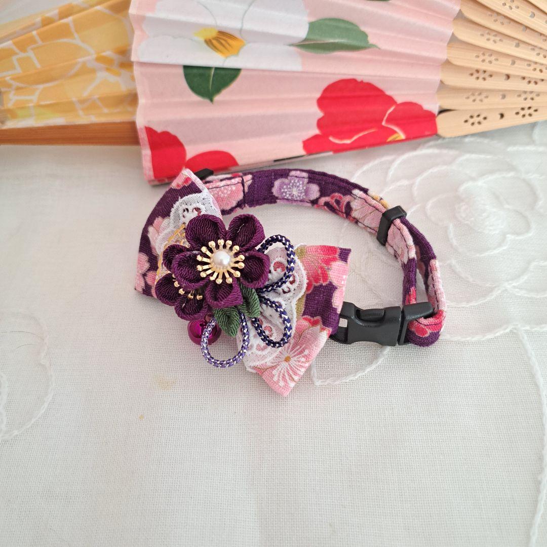 お正月、つまみ細工シングルリボン(紫)わんちゃん猫ちゃん用首輪