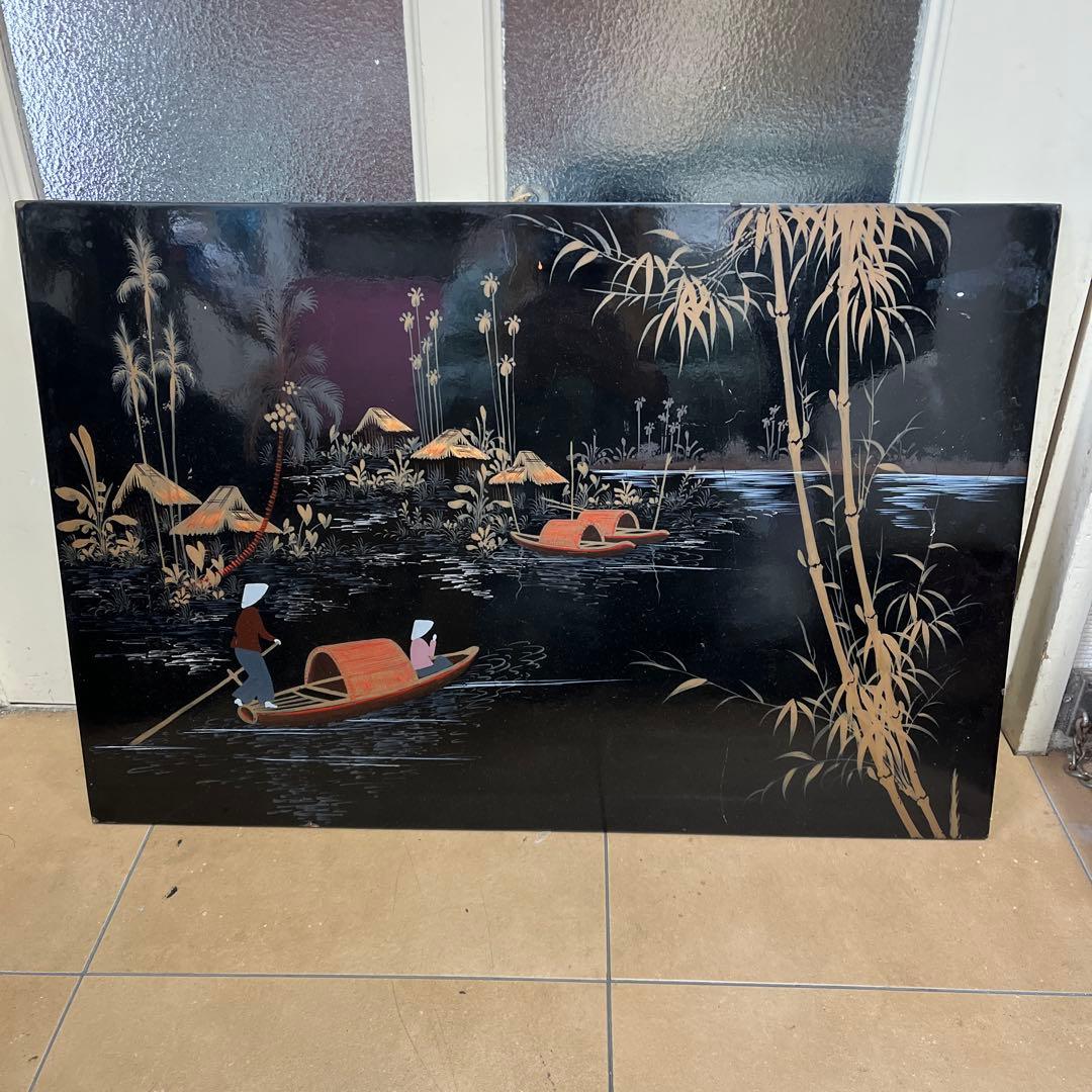 ヴィンテージアジア - ベトナム手塗りブラックラッカーウォールアート