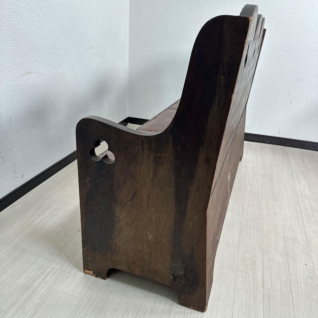 英国 アンティーク チャーチベンチ 木製 レザーシート 単鋲 iso※