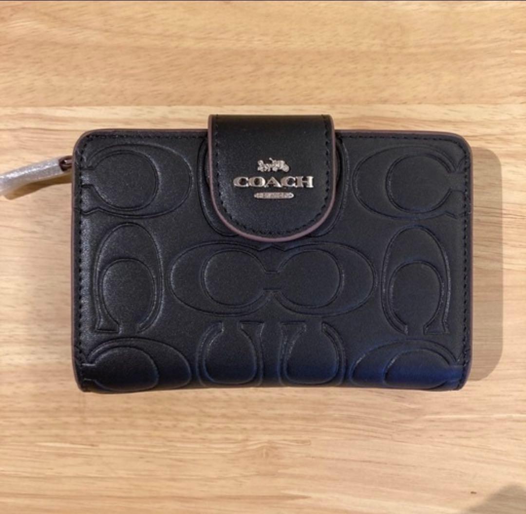 COACH コーチ ブラック　二つ折り財布 折財布 シグネチャー柄　即日発送