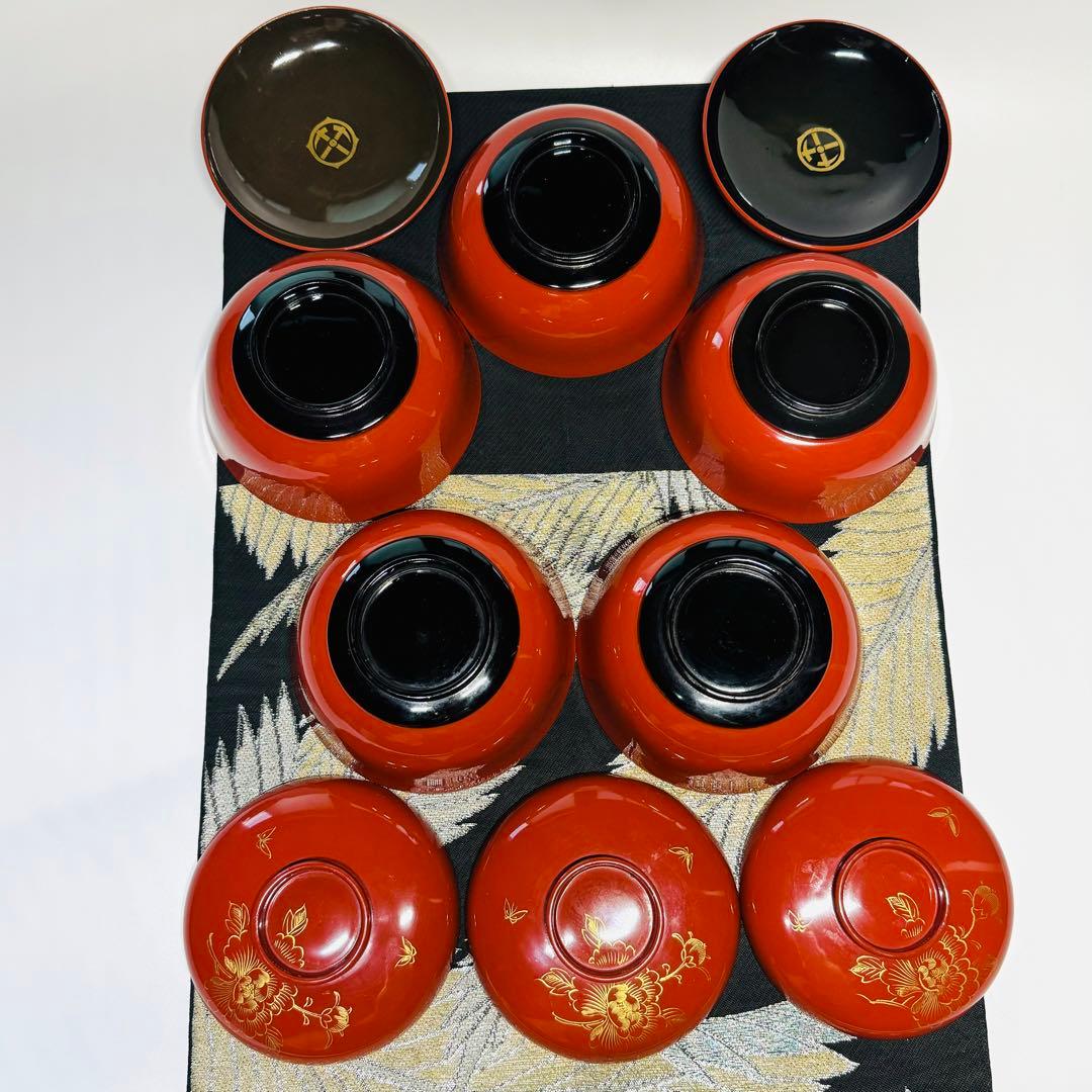 漆器　輪島塗　木製　彫り牡丹文　蒔絵　蓋付椀　汁椀　5客　時代物