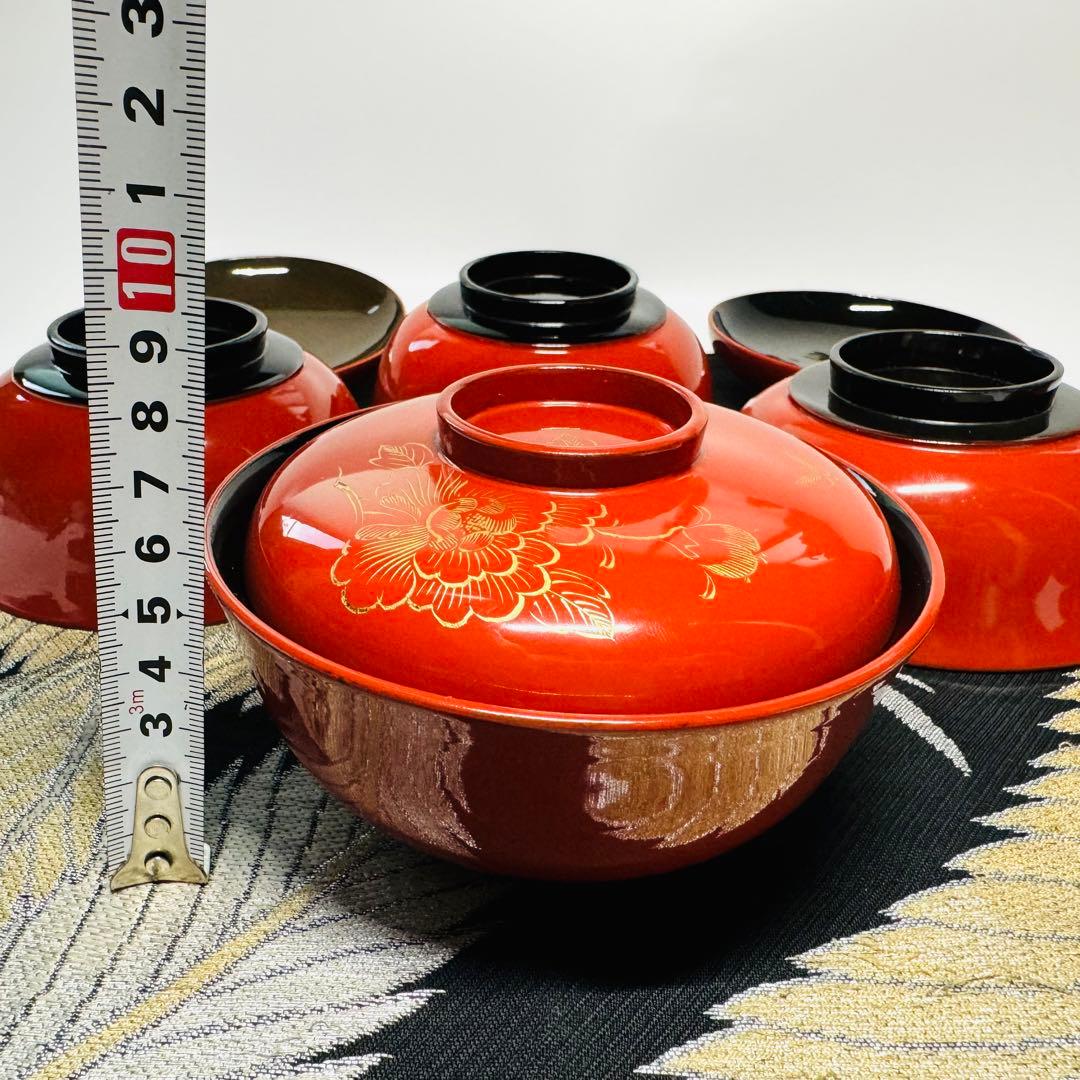 漆器　輪島塗　木製　彫り牡丹文　蒔絵　蓋付椀　汁椀　5客　時代物