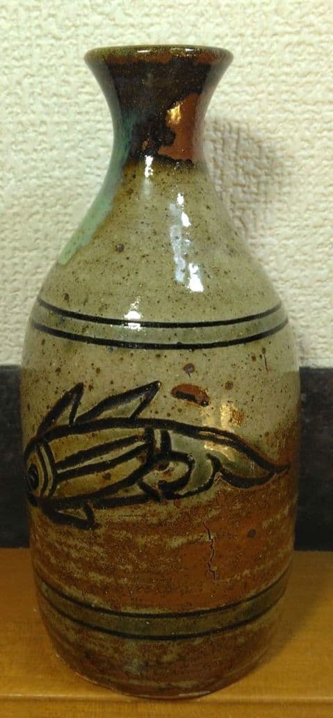 人間国宝 金城次郎 魚徳利 栞 共箱 無傷 壷屋焼 壺屋焼 やちむん 魚紋徳利