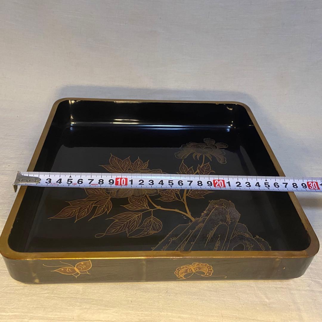 輪島塗　角盆　蒔絵　金彩　牡丹文　蝶文　2客