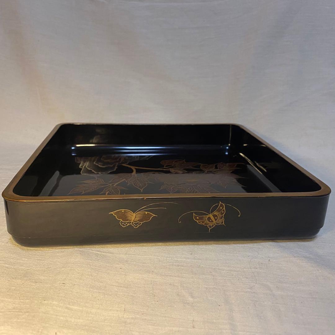 輪島塗　角盆　蒔絵　金彩　牡丹文　蝶文　2客