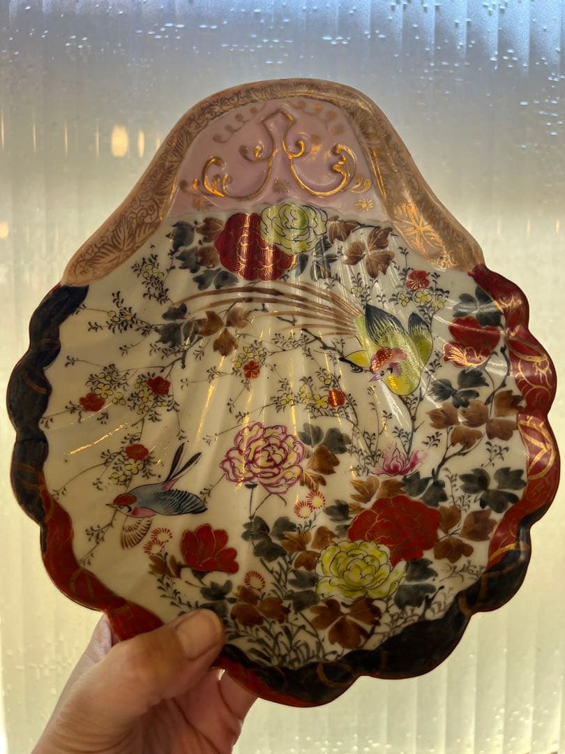 古伊万里　アンティーク　骨董　赤絵貝型菓子器　輸出用　花鳥の図　飾皿