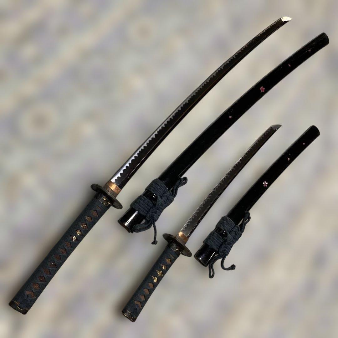 高級豪華版居合刀大小２本 青柄 桜透し木瓜鍔