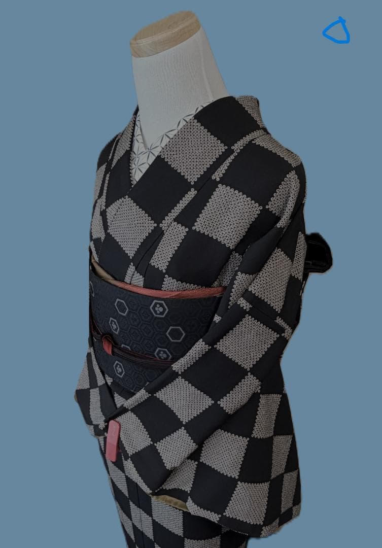 専用:着物５　嵐山よしむら　市松柄袷着物　こげ茶　正絹　身丈１６８裄丈６８