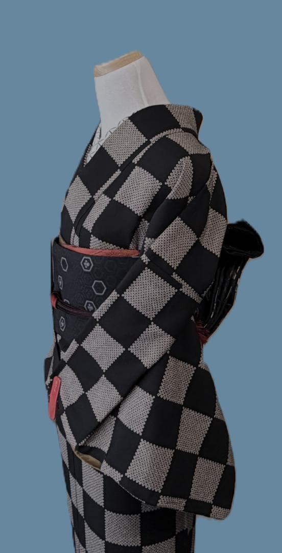 専用:着物５　嵐山よしむら　市松柄袷着物　こげ茶　正絹　身丈１６８裄丈６８