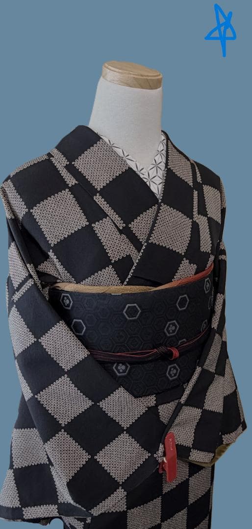 専用:着物５　嵐山よしむら　市松柄袷着物　こげ茶　正絹　身丈１６８裄丈６８