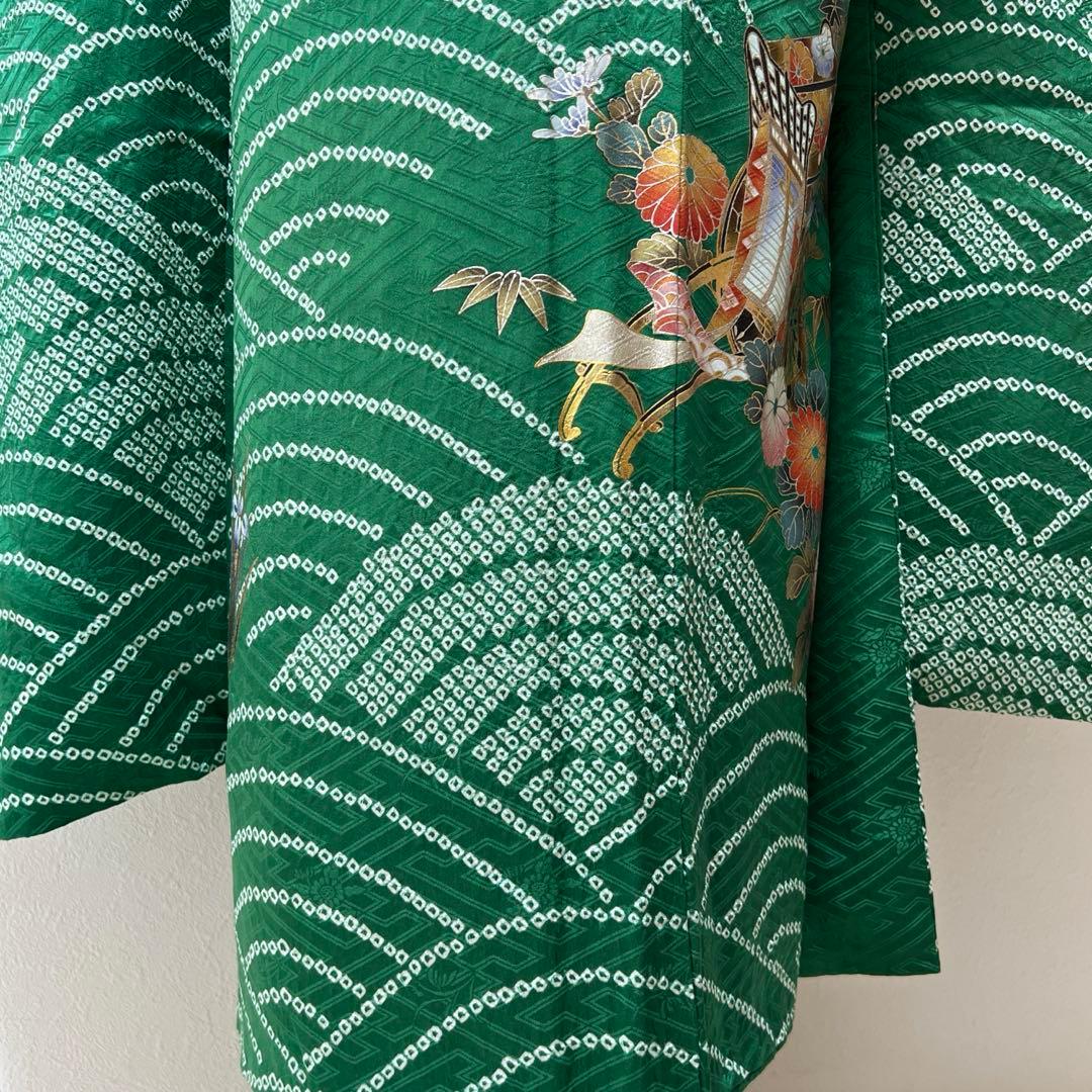 369 振袖フルセット 正絹 緑 橙 グリーン 絞り 金銀彩 古典 レトロ 長身