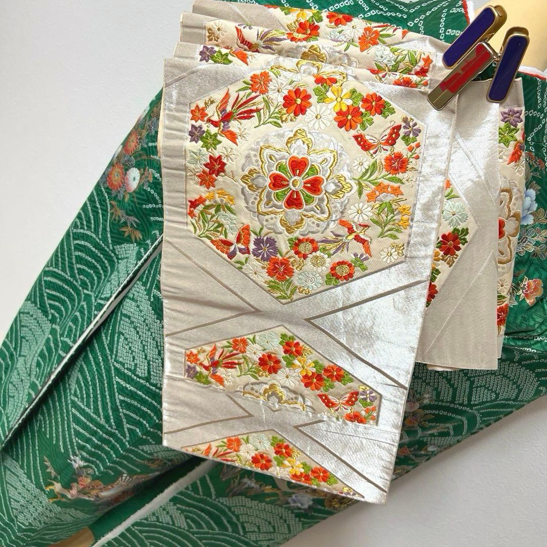 369 振袖フルセット 正絹 緑 橙 グリーン 絞り 金銀彩 古典 レトロ 長身