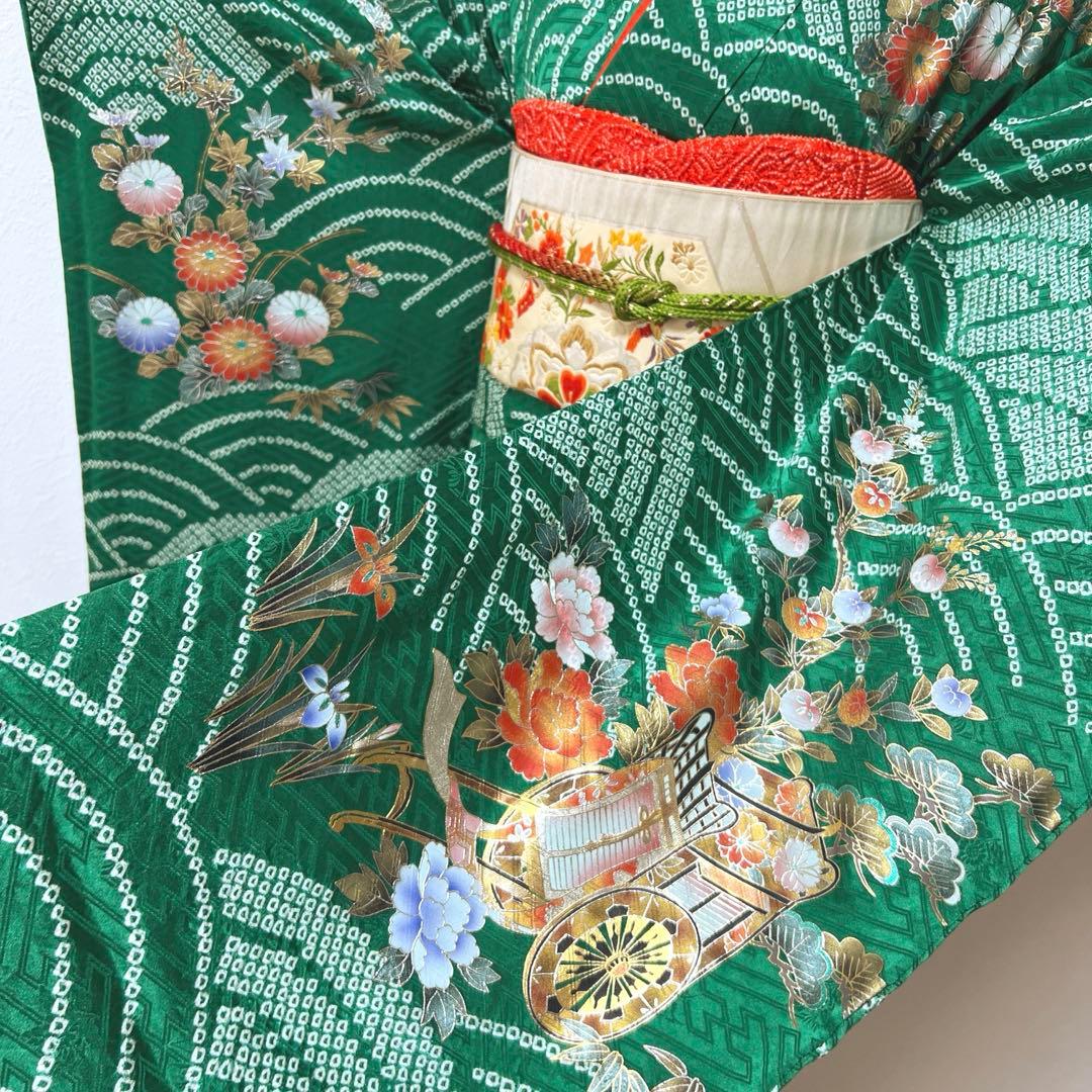 369 振袖フルセット 正絹 緑 橙 グリーン 絞り 金銀彩 古典 レトロ 長身