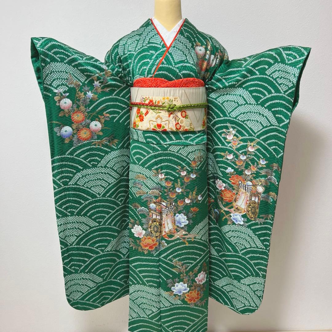 369 振袖フルセット 正絹 緑 橙 グリーン 絞り 金銀彩 古典 レトロ 長身