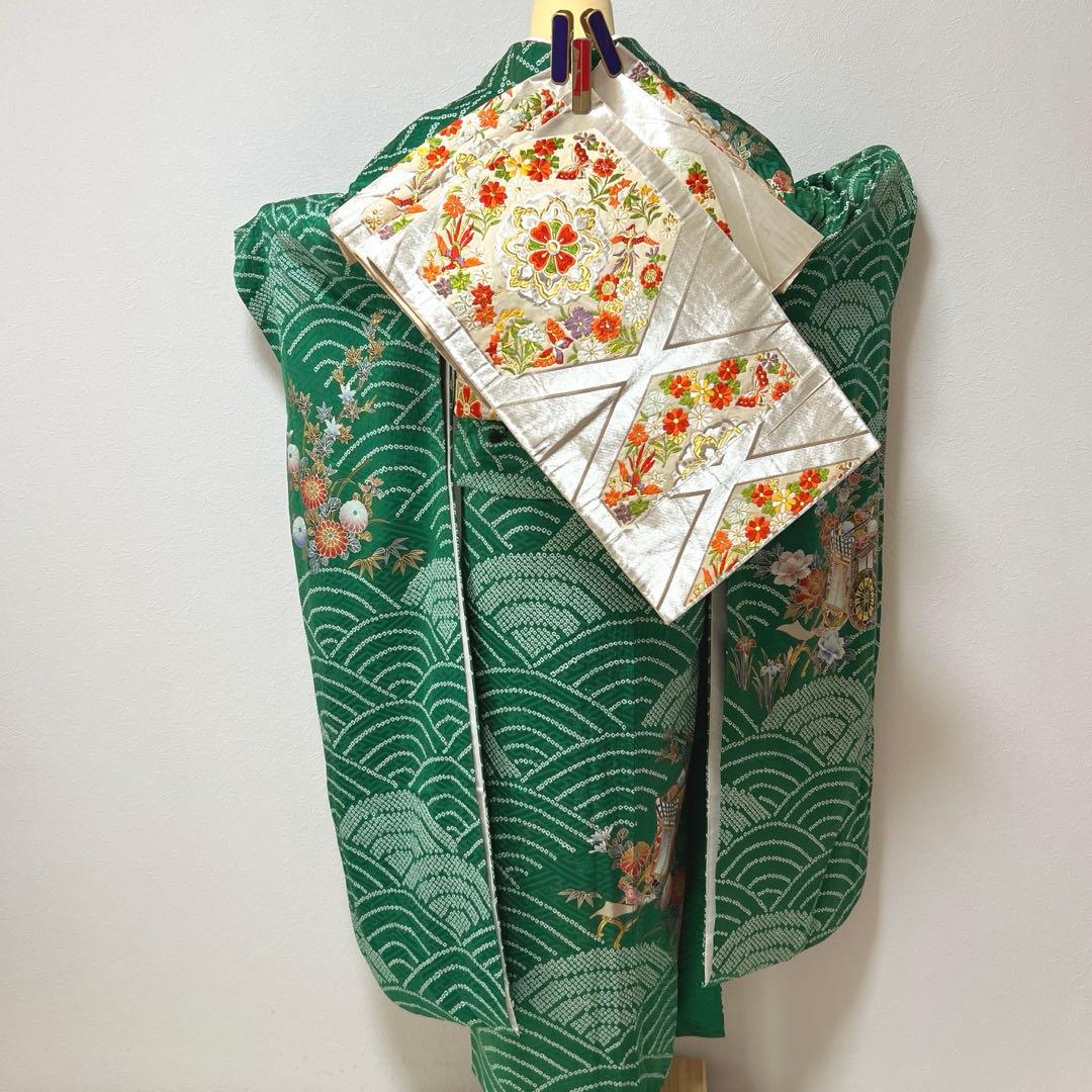 369 振袖フルセット 正絹 緑 橙 グリーン 絞り 金銀彩 古典 レトロ 長身
