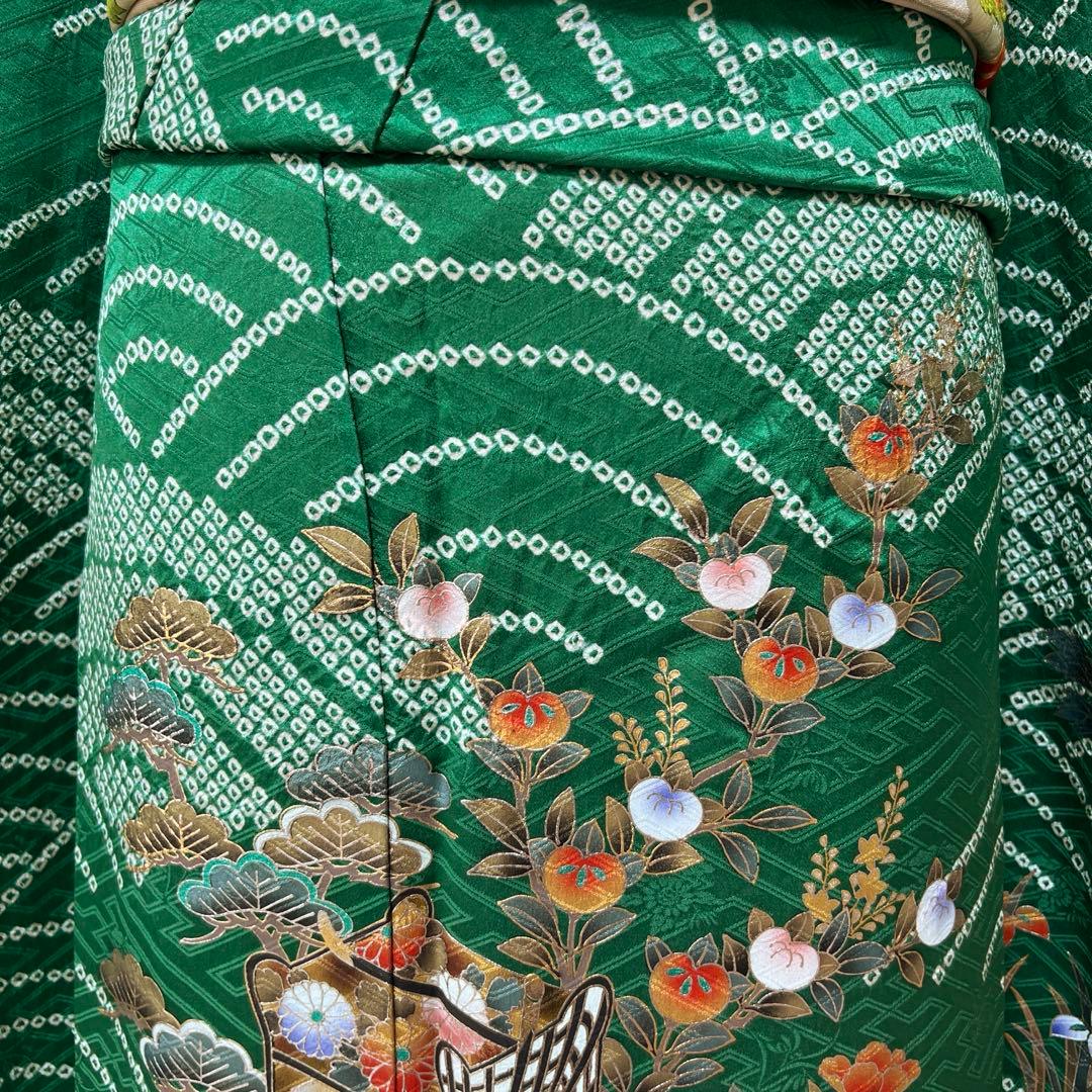 369 振袖フルセット 正絹 緑 橙 グリーン 絞り 金銀彩 古典 レトロ 長身