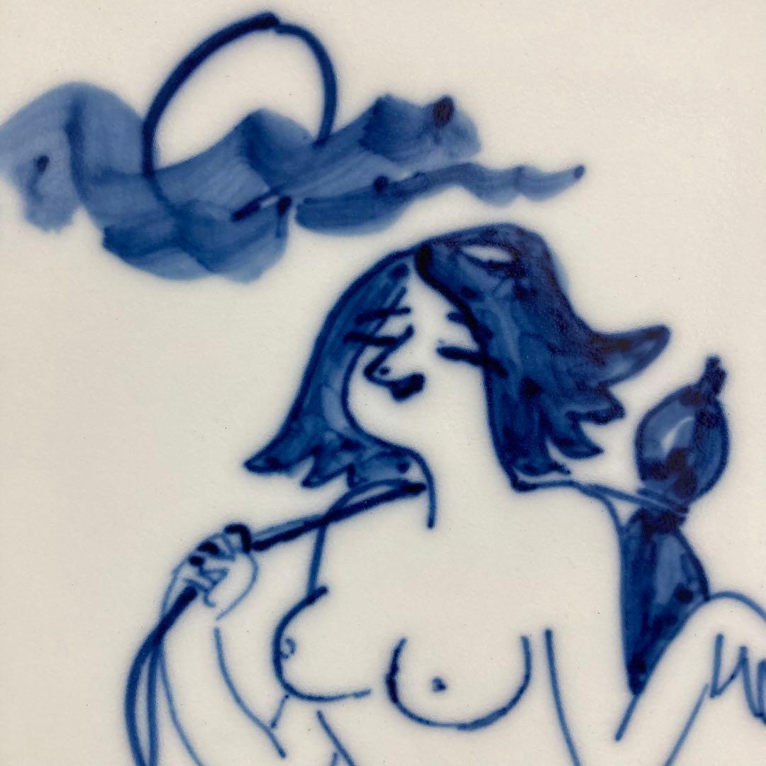 【真作保証】小島功「カッパ美人」染付陶板画 直筆サイン 真筆 裸婦
