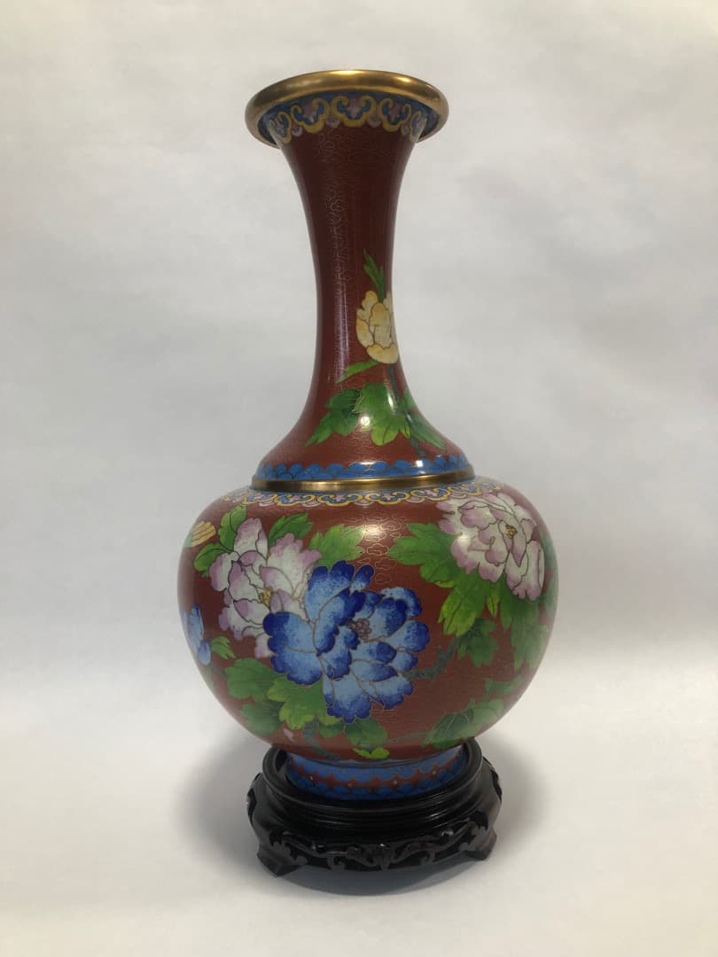 中国美術　七宝焼　琺瑯彩絵花瓶　高さ31cm 　台付　美品