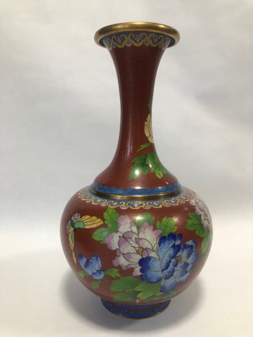 中国美術　七宝焼　琺瑯彩絵花瓶　高さ31cm 　台付　美品