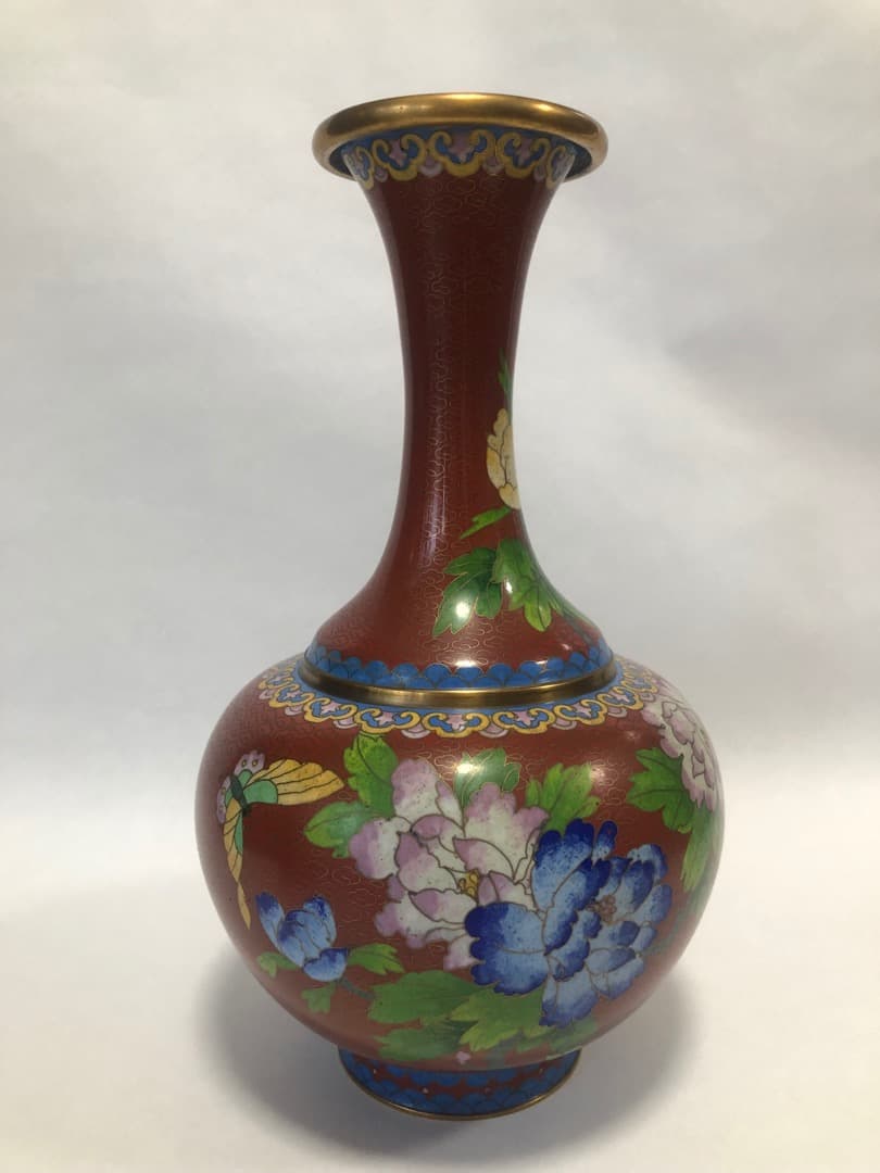 中国美術　七宝焼　琺瑯彩絵花瓶　高さ31cm 　台付　美品