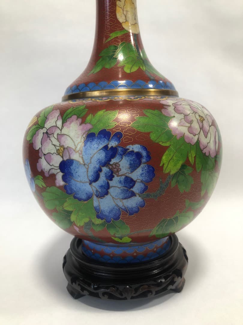 中国美術　七宝焼　琺瑯彩絵花瓶　高さ31cm 　台付　美品