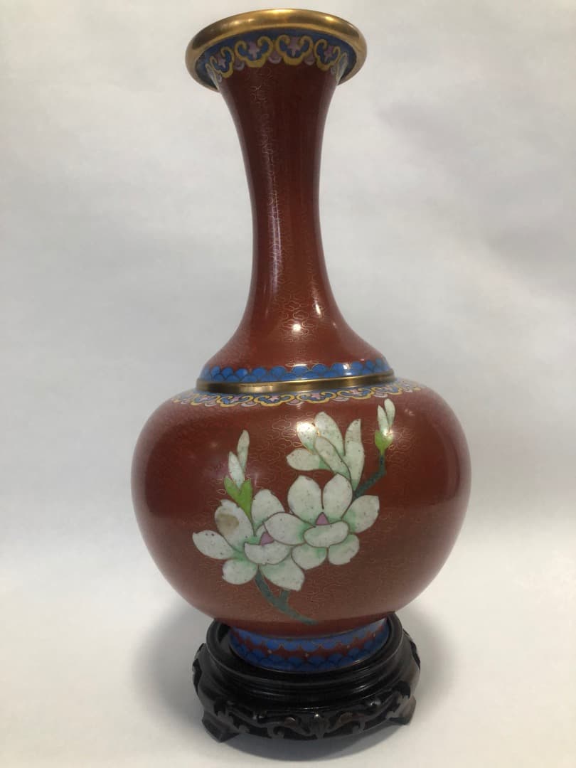 中国美術　七宝焼　琺瑯彩絵花瓶　高さ31cm 　台付　美品