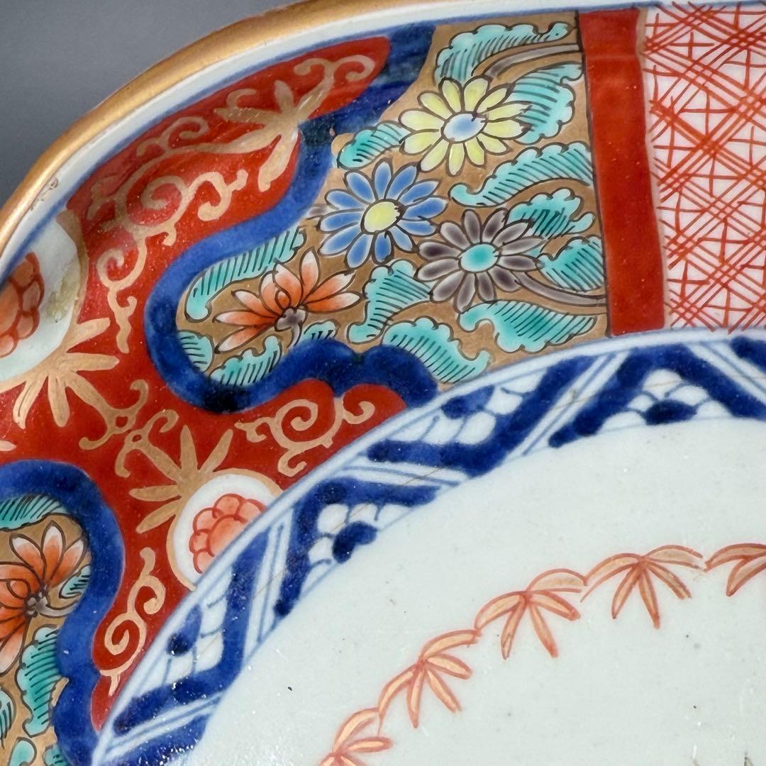 幕末〜明治期　色絵赤絵金蘭手変形皿　一辺26cm　古美術　豪商旧蔵品　古伊万里