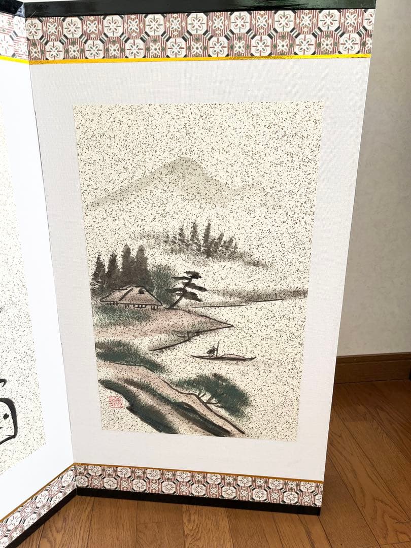 屏風 書 水墨山水 四曲 四面 アンティーク