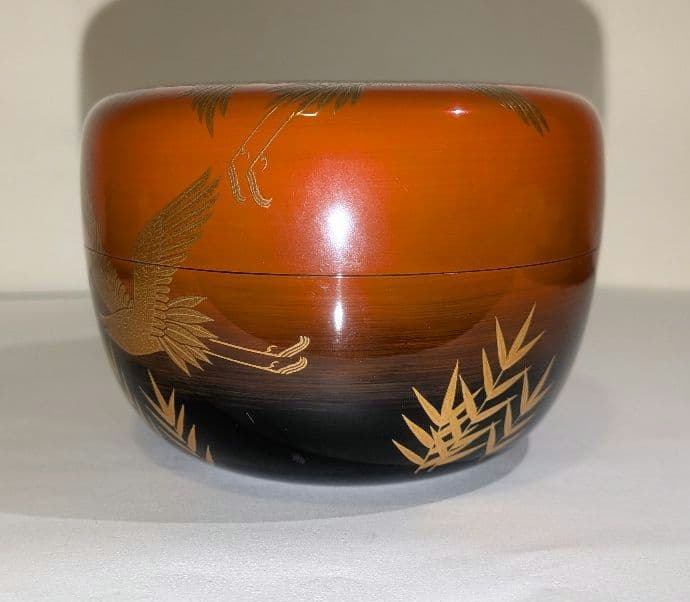 『和歌浦蒔絵』平棗　清水庄三 鶴模様 茶道具 永田宗伴書付的々斉　朱塗り内銀溜塗